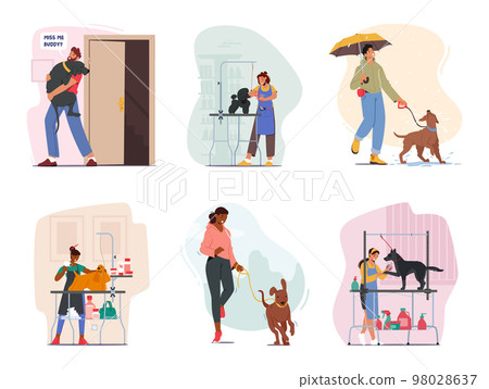Set Of People Spend Time With Dogs. Male And Female Characters Walking, Meet, Grooming Pets. Owner And Puppy 98028637