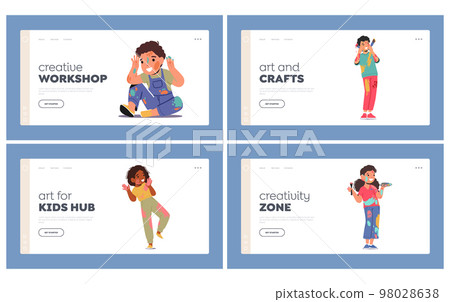 Little Kids Painting Landing Page Template Set. Cute Children Characters with Dye Spots on Clothes, Face and Hands 98028638