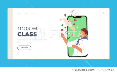 Online Cooking Master Classes and Tutorials for Preparing Food Landing Page Template. Chief Male Character Wear Uniform Online Cooking Master Classes and Tutorials for Preparing Food Landing Page Template. Chief Male Character Wear Uniform 98028652
