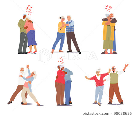 Set Elderly Couples In Love. Senior People Romantic Loving Relations. Happy Old Men And Women Dance, Embracing 98028656