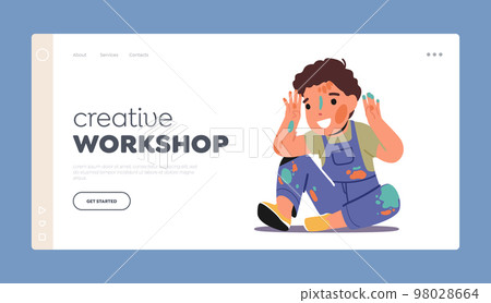 Creative Workshop for Kids Landing Page Template. Cute Little Child in Dirty Clothes Covered with Dye Stains Creative Workshop for Kids Landing Page Template. Cute Little Child in Dirty Clothes Covered with Dye Stains 98028664
