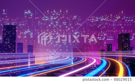 3d render of Cyber punk night city landscape concept. Light glowing on dark scene. Night life. Technology network for 5g. Beyond generation and futuristic of Sci-Fi Capital city and building scene. 3d render of Cyber punk night city landscape concept. Light glowing on dark scene. Night life. Technology network for 5g. Beyond generation and futuristic of Sci-Fi Capital city and building scene. 98029015