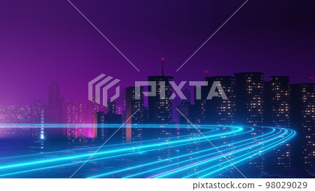 3d render of Cyber punk night city landscape concept. Light glowing on dark scene. Night life. Technology network for 5g. Beyond generation and futuristic of Sci-Fi Capital city and building scene. 3d render of Cyber punk night city landscape concept. Light glowing on dark scene. Night life. Technology network for 5g. Beyond generation and futuristic of Sci-Fi Capital city and building scene. 98029029