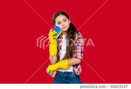 girl housecleaner do chores on background, housemaid. photo of girl housecleaner do chores 98029107