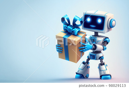 Robot presents a gift over blue background. 3d digital illustration with copy space 98029113