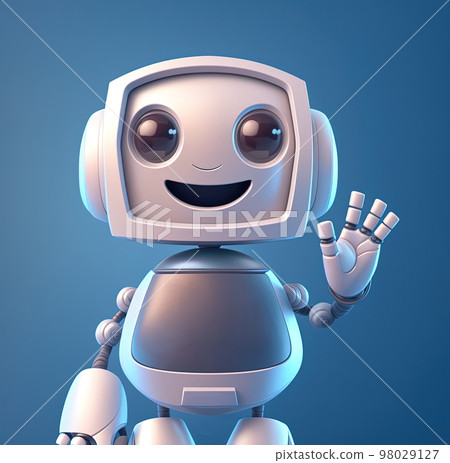 Cute little robot waving hello smiling, waist up portrait over blue background. 3d digital illustration Cute little robot waving hello smiling, waist up portrait over blue background. 3d digital illustration 98029127