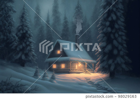 Wooden cottage covered with snow in winter... - Stock Illustration ...