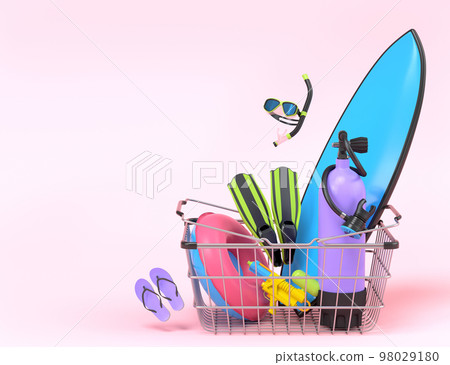 Colorful luggage with beach accessories and shopping basket on pink background. Colorful luggage with beach accessories and shopping basket on pink background. 98029180