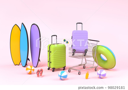 Colorful luggage with beach accessories and shopping trolley on pink background. 98029181