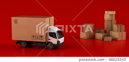 Big cardboard box package on a white truck ready to be delivered on red background 98029343