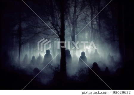 Creepy ghostly figures in dark foggy forest haunted by evil spirits, halloween night, 3d digital illustration 98029622