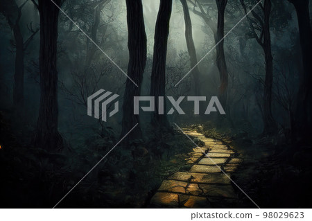 Mysterious glowing path in dark forest at night, scary fairy tale atmosphere, 3d digital illustration 98029623