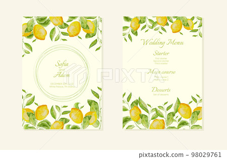 Wedding invitation card with watercolor lemon brunches. Template for greeting, birthday cards, posters with text place. 98029761