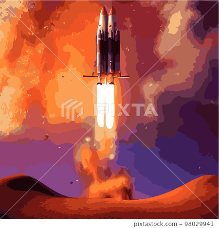 The outer space launch system takes off. Vector illustration , astronomy, space exploration, colonization of Mars. Space adventure. First colonies. Terraforming. Modern flat design. 98029941