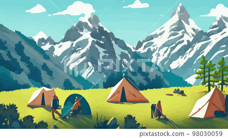 Sunny day landscape illustration in flat style with tent, campfire, mountains, forest water banner illustration. Background for summer camp, nature tourism, camping hiking design. vintage camp style Sunny day landscape illustration in flat style with tent, campfire, mountains, forest water banner illustration. Background for summer camp, nature tourism, camping hiking design. vintage camp style 98030059