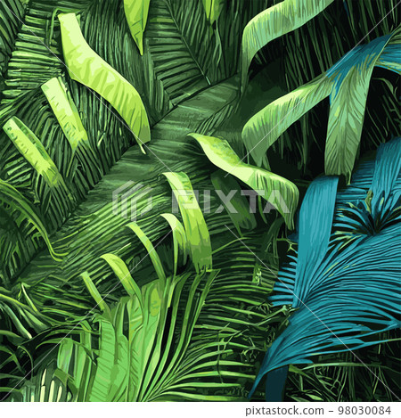 Jungle vector illustration with tropical leaves patern. Trendy summer print. Exotic seamless pattern. turquoise and green tropical leaves. Exotic jungle wallpaper. Jungle vector illustration with tropical leaves patern. Trendy summer print. Exotic seamless pattern. turquoise and green tropical leaves. Exotic jungle wallpaper. 98030084