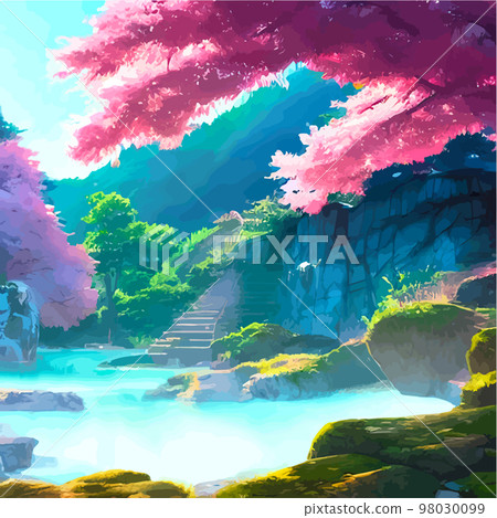 vector illustration. artistic picture Japan volcanic mountains. Asian scenic wallpaper with cherry trees Mount Fuji background. Extremely beautiful pink trees with volumetric light in anime style.  98030099