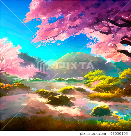 vector illustration. artistic picture Japan volcanic mountains. Asian scenic wallpaper with cherry trees Mount Fuji background. Extremely beautiful pink trees with volumetric light in anime style.  98030103