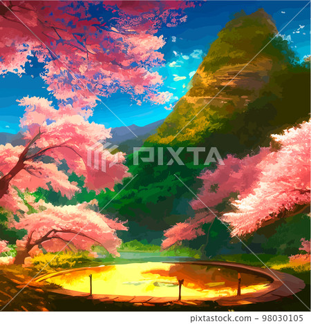 vector illustration. artistic picture Japan volcanic mountains. Asian scenic wallpaper with cherry trees Mount Fuji background. Extremely beautiful pink trees with volumetric light in anime style.  98030105