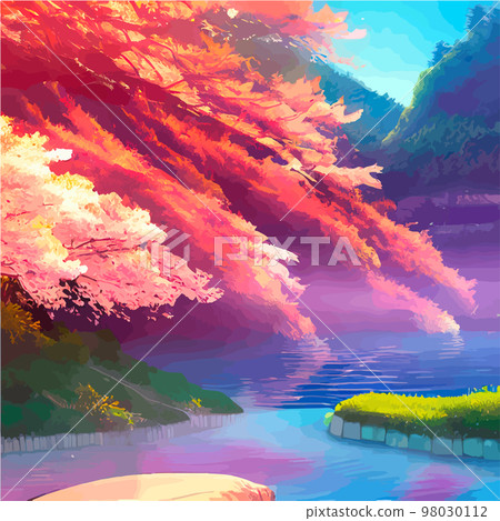 vector illustration. artistic picture Japan volcanic mountains. Asian scenic wallpaper with cherry trees Mount Fuji background. Extremely beautiful pink trees with volumetric light in anime style. vector illustration. artistic picture Japan volcanic mountains. Asian scenic wallpaper with cherry trees Mount Fuji background. Extremely beautiful pink trees with volumetric light in anime style. 98030112