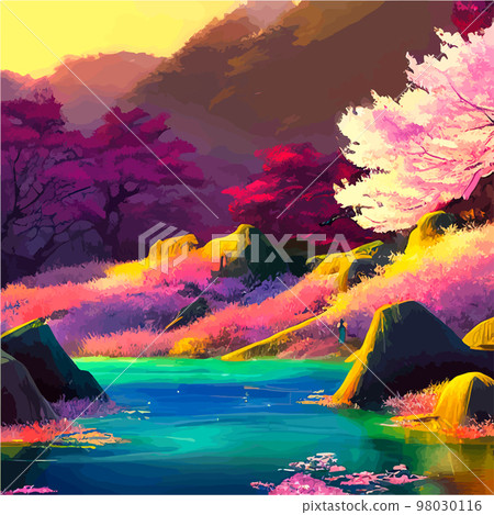 vector illustration. artistic picture Japan volcanic mountains. Asian scenic wallpaper with cherry trees Mount Fuji background. Extremely beautiful pink trees with volumetric light in anime style.  98030116