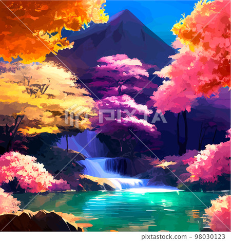 vector illustration. artistic picture Japan volcanic mountains. Asian scenic wallpaper with cherry trees Mount Fuji background. Extremely beautiful pink trees with volumetric light in anime style. vector illustration. artistic picture Japan volcanic mountains. Asian scenic wallpaper with cherry trees Mount Fuji background. Extremely beautiful pink trees with volumetric light in anime style. 98030123
