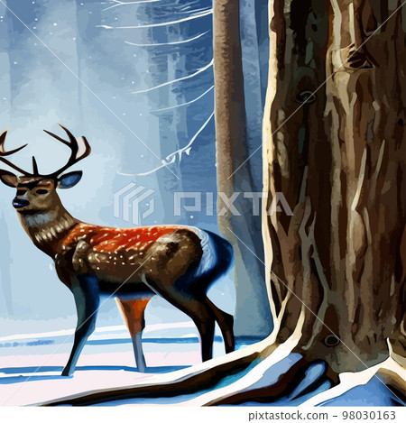 Landscape with dark winter northern forest and wild deer portrait, vector illustration. Wild animals of the north. Realistic vector landscape. natural background 98030163