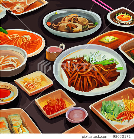 Asian food engraved on the table. Noodle dishes at the top of the view. Food menu design with cooked noodles. vector illustration. Asian cuisine menu. Food from national cuisine on the table. 98030171