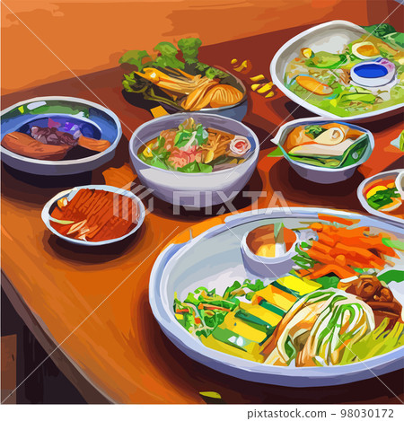 Asian food engraved on the table. Noodle dishes at the top of the view. Food menu design with cooked noodles. vector illustration. Asian cuisine menu. Food from national cuisine on the table. Asian food engraved on the table. Noodle dishes at the top of the view. Food menu design with cooked noodles. vector illustration. Asian cuisine menu. Food from national cuisine on the table. 98030172