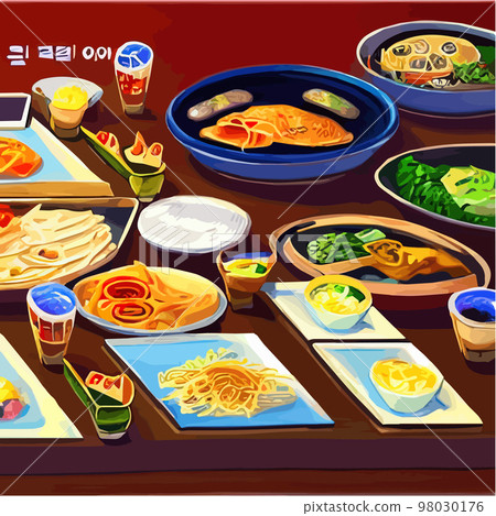 Asian food engraved on the table. Noodle dishes at the top of the view. Food menu design with cooked noodles. vector illustration. Asian cuisine menu. Food from national cuisine on the table. 98030176