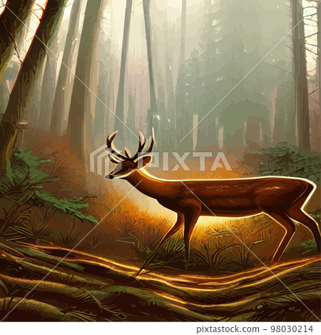 Landscape with dark northern forest and wild deer, vector illustration. Wild animals of the north. Realistic vector landscape. natural background 98030214