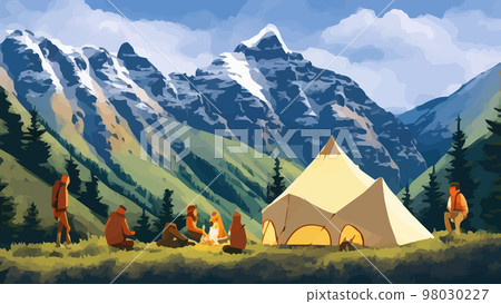 Sunny day landscape illustration in flat style with tent, campfire, mountains, forest water banner illustration. Background for summer camp, nature tourism, camping hiking design. vintage camp style  98030227