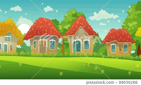 Spring village panorama with green meadow on hills with blue sky, vector summer or spring landscape, panoramic village landscape Green field with herbaceous flowers on mountains and farm house. Spring village panorama with green meadow on hills with blue sky, vector summer or spring landscape, panoramic village landscape Green field with herbaceous flowers on mountains and farm house. 98030266
