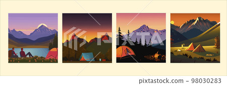 Summer camp with couple, tent and bonfire at night. Vector cartoon landscape of a natural park, countryside with a lake mountains in the background. Picnic on bank of the river, a set illustrations Summer camp with couple, tent and bonfire at night. Vector cartoon landscape of a natural park, countryside with a lake mountains in the background. Picnic on bank of the river, a set illustrations 98030283
