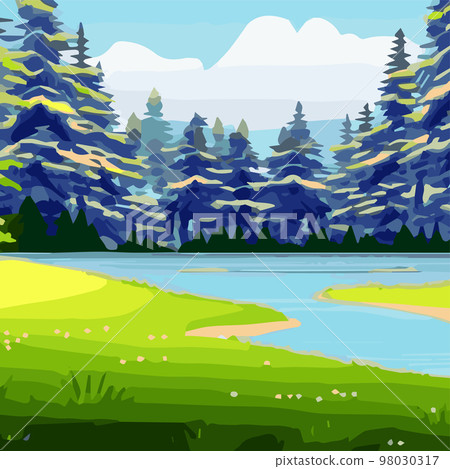 Vector illustration of beautiful spring fields with forest, mountains pond Landscape with dawn, green hill, bright blue sky. landscape with plants, leaves, flowers - greeting card, poster advertising Vector illustration of beautiful spring fields with forest, mountains pond Landscape with dawn, green hill, bright blue sky. landscape with plants, leaves, flowers - greeting card, poster advertising 98030317