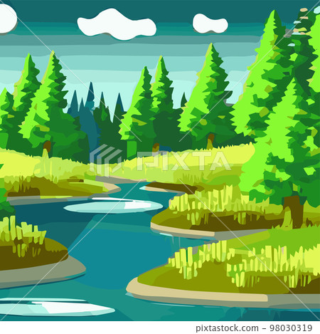 Vector illustration of beautiful spring fields with forest, mountains pond Landscape with dawn, green hill, bright blue sky. landscape with plants, leaves, flowers - greeting card, poster advertising Vector illustration of beautiful spring fields with forest, mountains pond Landscape with dawn, green hill, bright blue sky. landscape with plants, leaves, flowers - greeting card, poster advertising 98030319
