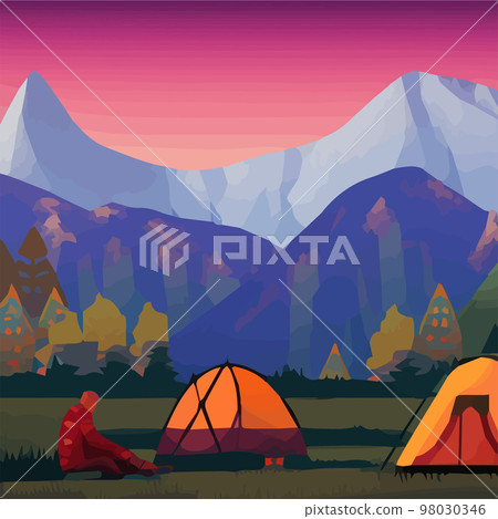 Summer camp. Vector illustration.Camping with camping background mountains with lake evening. Vintage typographic design with camping tent and forest silhouette. outdoor camping adventure background Summer camp. Vector illustration.Camping with camping background mountains with lake evening. Vintage typographic design with camping tent and forest silhouette. outdoor camping adventure background 98030346