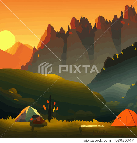 Summer camp. Vector illustration.Camping with camping background mountains with lake evening. Vintage typographic design with camping tent and forest silhouette. outdoor camping adventure background Summer camp. Vector illustration.Camping with camping background mountains with lake evening. Vintage typographic design with camping tent and forest silhouette. outdoor camping adventure background 98030347