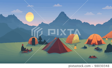 Sunny day landscape illustration in flat style with tent, campfire, mountains, forest water banner illustration. Background for summer camp, nature tourism, camping hiking design. vintage camp style Sunny day landscape illustration in flat style with tent, campfire, mountains, forest water banner illustration. Background for summer camp, nature tourism, camping hiking design. vintage camp style 98030348