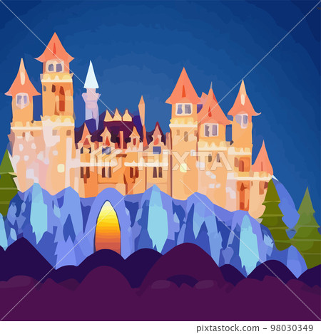 Medieval castle towers. Fairy tail appearance, king-fortress and fortified palace with gates. Old ancient gothic tower fortress or citadel citadel cartoon vector Medieval castle towers. Fairy tail appearance, king-fortress and fortified palace with gates. Old ancient gothic tower fortress or citadel citadel cartoon vector 98030349