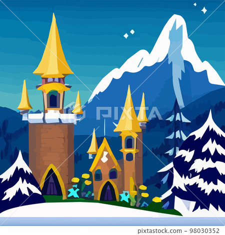 Medieval castle towers. Fairy tail appearance, king-fortress and fortified palace with gates. Old ancient gothic tower fortress or citadel citadel cartoon vector 98030352