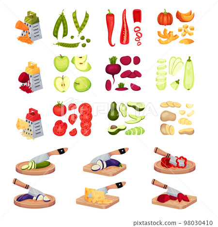 Sliced vegetables set. Onion, carrot, avocado, tomato, eggplant, ginger, pepper, cheese. Vegetarian salad ingredients vector illustration 98030410