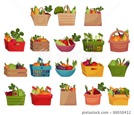 Vegetables Basket, Bag and Crate Full of Harvested Crop Big Vector Set 98030412
