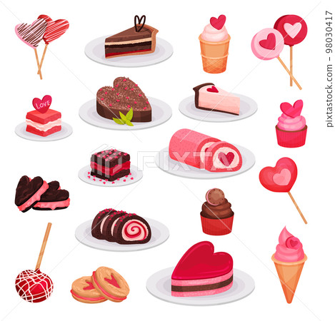 Set of delicious sweets and desserts for Valentine Day or romantic event cartoon vector illustration Set of delicious sweets and desserts for Valentine Day or romantic event cartoon vector illustration 98030417