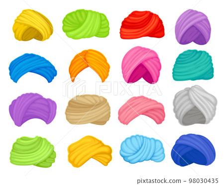 Traditional turbans of different colors set. Indian and Arabic headgears, ethnic clothes cartoon vector Traditional turbans of different colors set. Indian and Arabic headgears, ethnic clothes cartoon vector 98030435