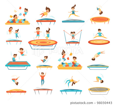 Cute kids jumping on trampolines set. Happy children bouncing on trampoline, active entertainment cartoon vector 98030443