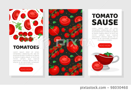 Tomatoes mobile app templates set. Tomato sauce landing page, card, menu, leaflet, flyer with ripe organic vegetables seamless pattern cartoon vector 98030468