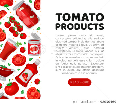 Tomato products web banner. Fresh tomatoes, farmers market, organic food, natural products landing page, website with space for text cartoon vector 98030469