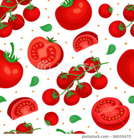 Fresh tomatoes seamless pattern. Ripe organic vegetables repeating print for wallpaper, wrapping paper, textile, package design cartoon vector 98030470