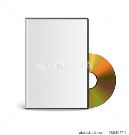 Vector 3d Realistic Golden CD, DVD with Plastic Cover, Envelope, Case Isolated. CD Box, Packaging Design Template for Mockup. Compact Disk Icon, Front View 98030754
